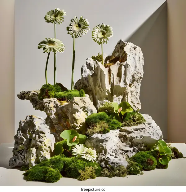 Stone and Flowers Arrangement with Moss