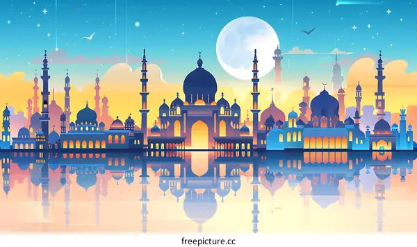 Mosque Silhouette Illustration With Reflection