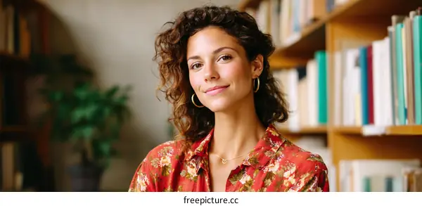 Confident Woman in a Floral Shirt Among Books