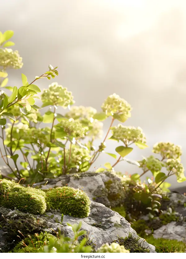 Green Moss Covered Rocks with Flowers in the Foreground