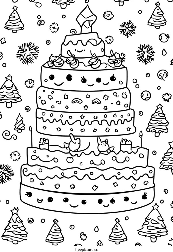 Christmas Cake With Cute Animals Coloring Page