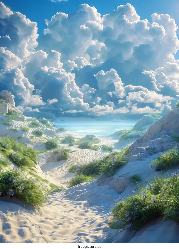 White Sand Dunes and Blue Sea Under Cloudy Sky