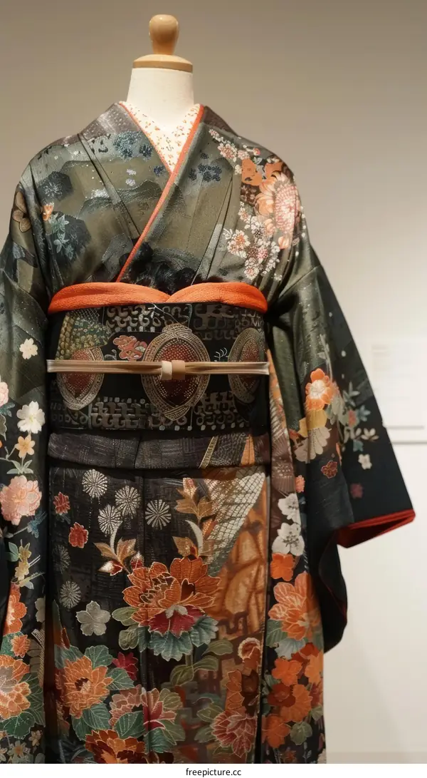 A kimono with a floral pattern and an obi with a geometric pattern