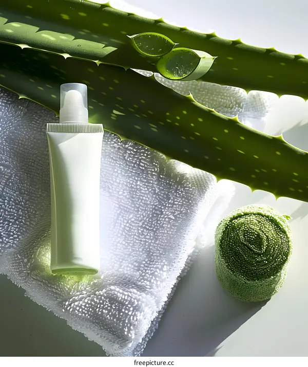 Aloe Vera Cream and Towel on White Background