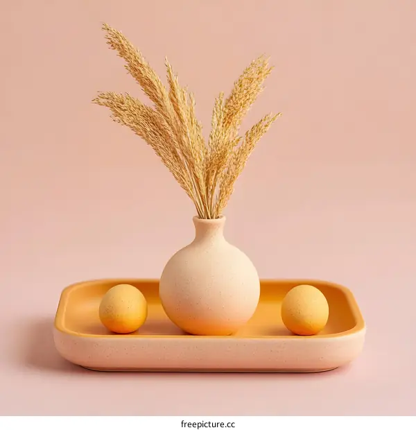Beige Vase with Dried Grass and Yellow Balls on a Tray
