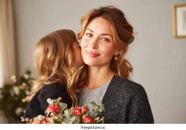 Mother and Daughter Christmas Affectionate Kiss