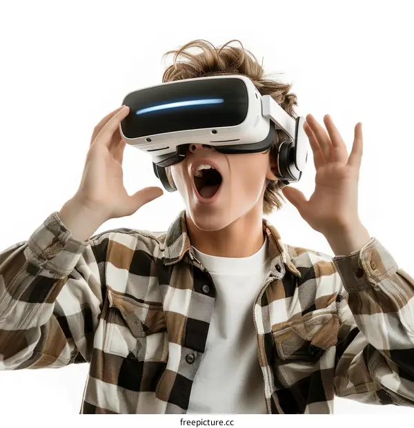 Amazed teenager boy wearing virtual reality headset