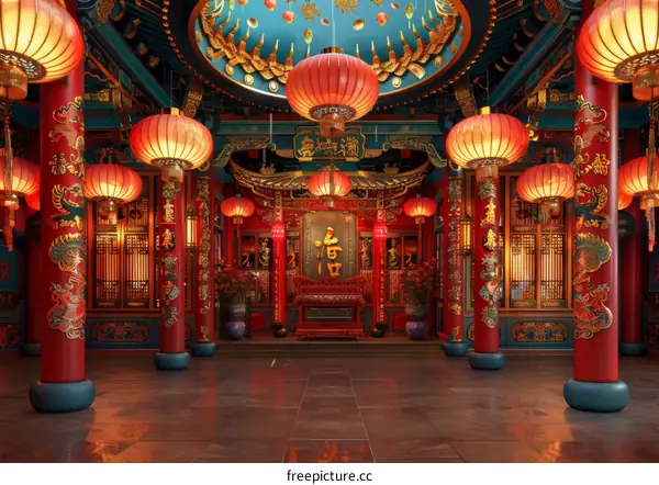 Ornate Oriental Temple with Red Pillars and Lanterns