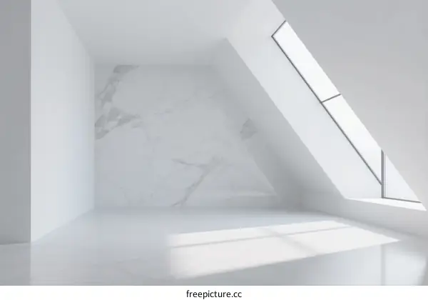 Minimalist White Room with Slanted Ceiling and Marble Wall