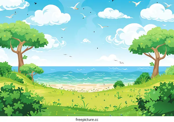 Sea Landscape with Two Trees, Clouds, and Flying Birds Illustration