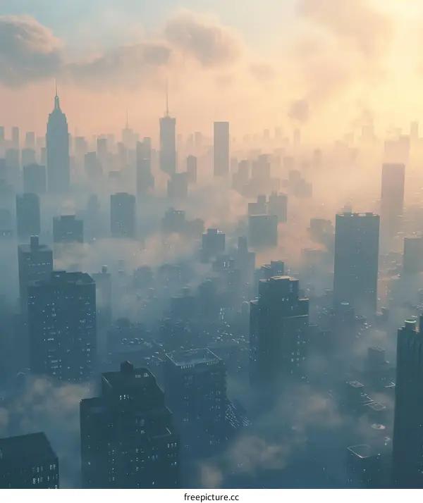 A Breathtaking City Skyline Amidst Clouds and Fog