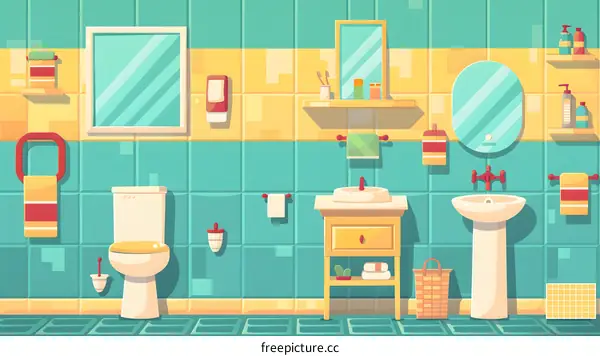 Cartoon Illustration of a Bathroom Interior with Sink Toilet and Shower