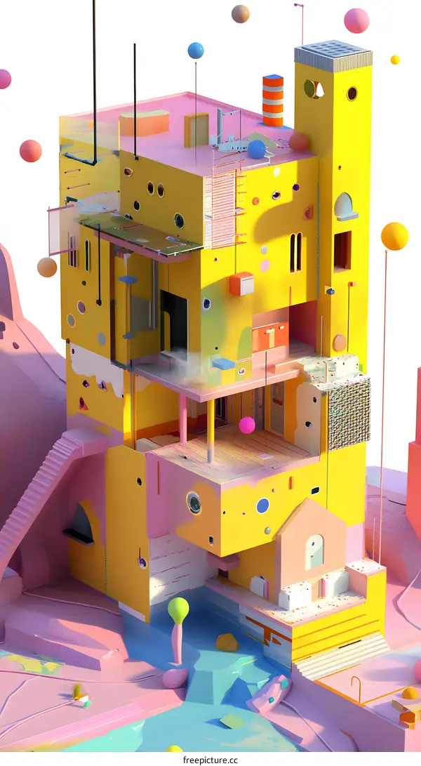 Abstract Yellow Building with Colorful Objects