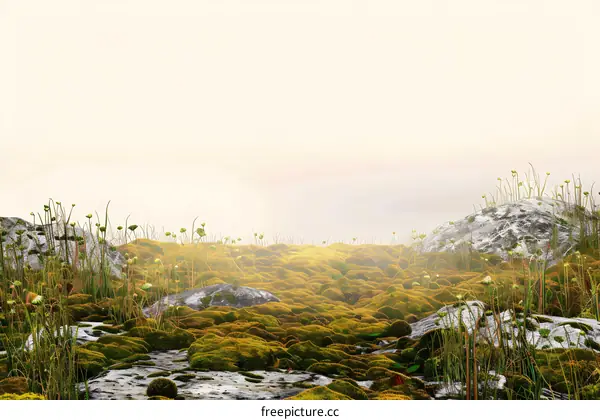 Green Mossy Field with Foggy Sky Background