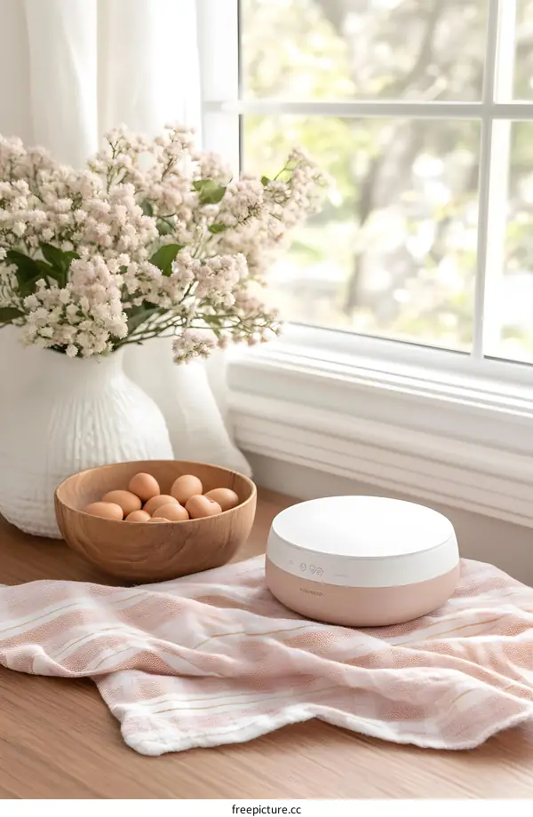 White and Pink Egg Cooker on Kitchen Counter