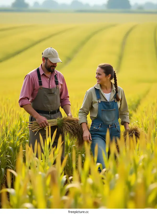 Couple Farmers Harvesting Golden Wheat Field