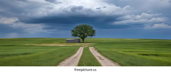 Countryside Landscape With a Dirt Road Leading to a Small Barn and Tree Under a Stormy Sky
