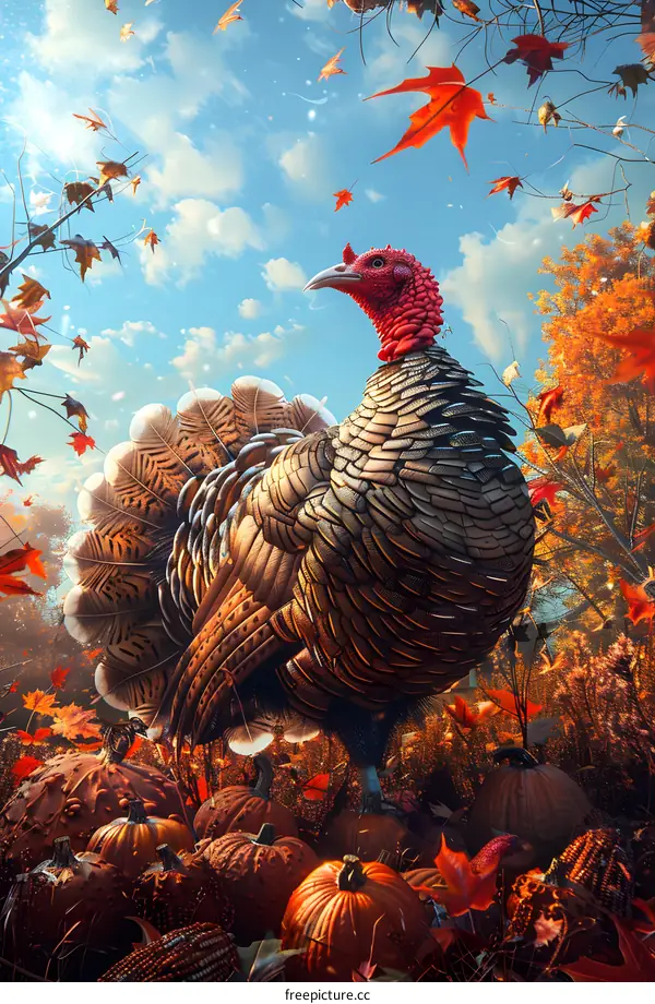 A turkey standing in a field of pumpkins, with trees and fallen leaves all around