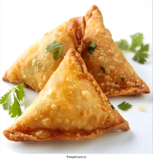 Three delicious samosas on a white plate
