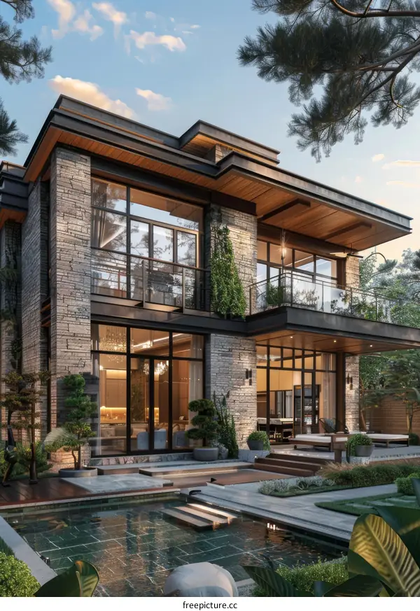 Modern Luxurious Stone Home Exterior Design with Patio and Pool