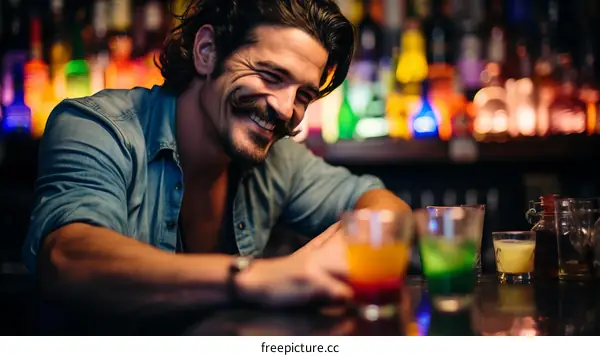 Mustachioed man leaning on bar counter with colorful drinks in front of him