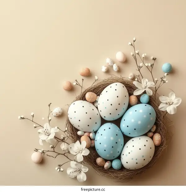 Easter Eggs in a Nest with Spring Flowers