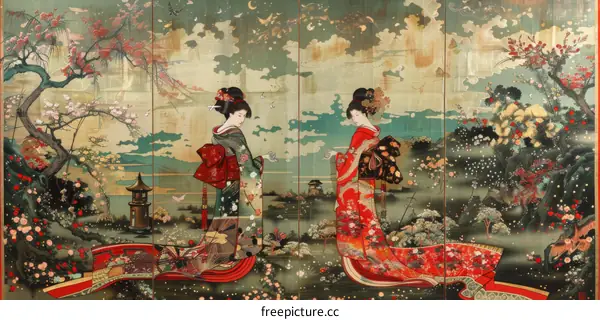 Two Japanese women in traditional kimono walking in a garden with cherry blossoms