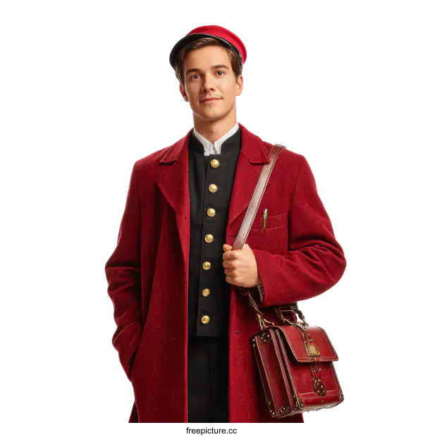 [Transparent Background PNG]Elegant Red Uniform Man with Vintage Bag