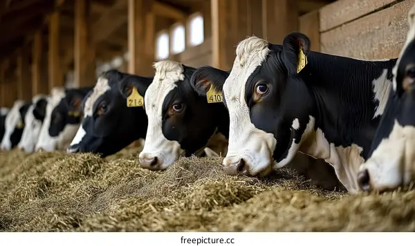 Black and White Cows Eating Hay in Barn