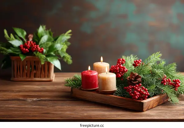 Christmas Candles Arrangement on Wooden Tray