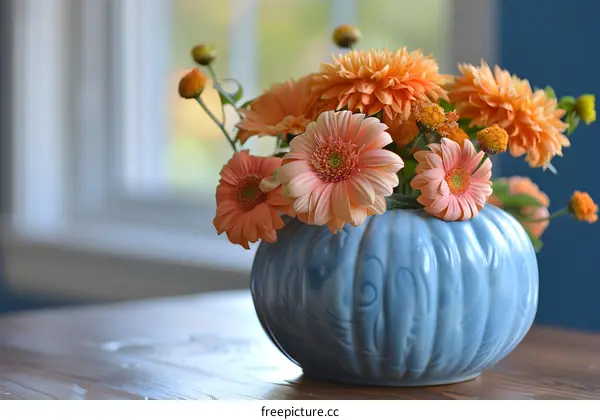 Peach Colored Flowers in a Blue Vase