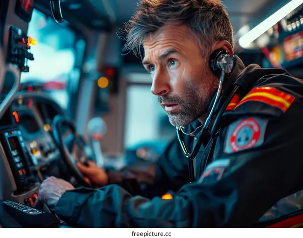 Portrait of a male firefighter wearing a headset and looking away