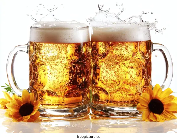 Two Beer Mugs with Splashing Foam
