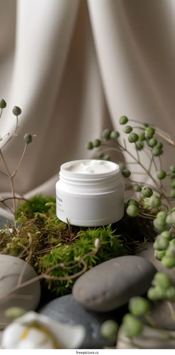White Cream Jar with Moss and Stones