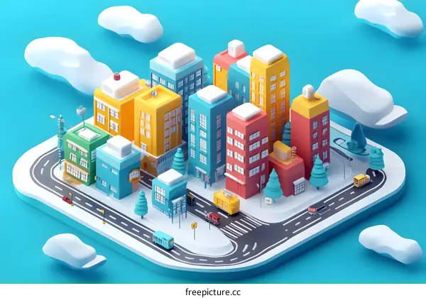 Low Poly Cityscape Winter Scene Illustration