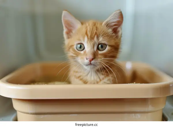 An orange kitten sitting in a litter box