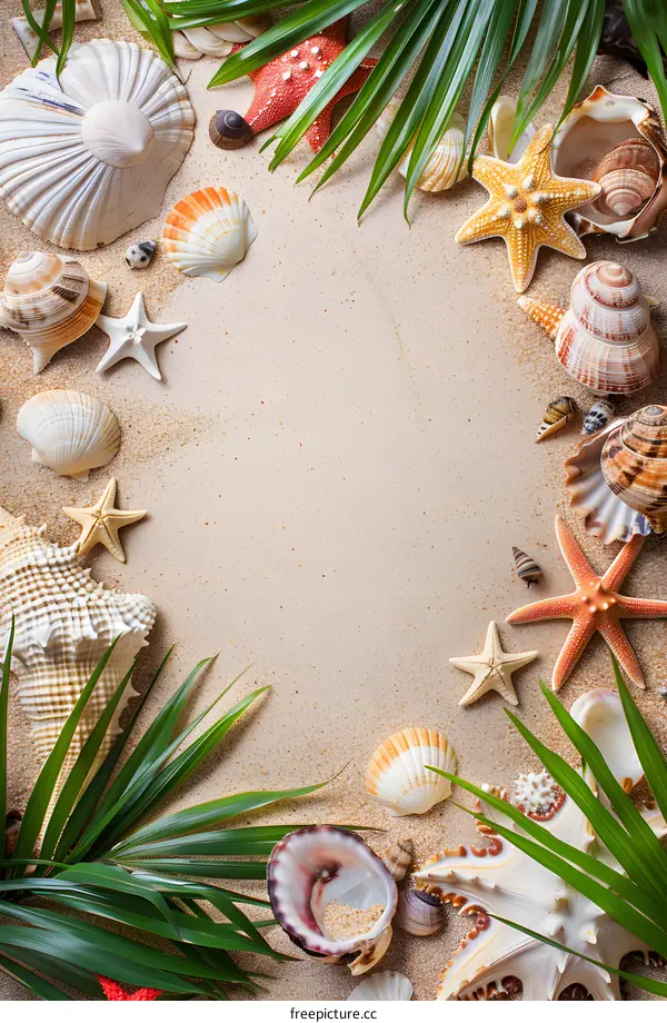 Seashells and Palm Leaves on a Sandy Beach