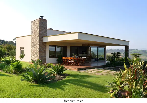 Modern House with Stone Chimney and Patio