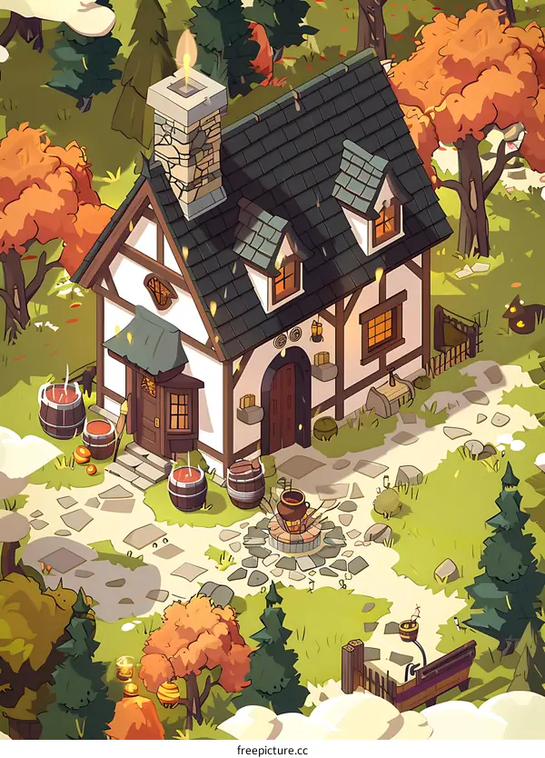 Cozy Cottage in Autumn Forest Illustration