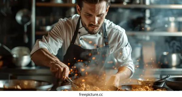 Focused male chef cooking food in a busy kitchen