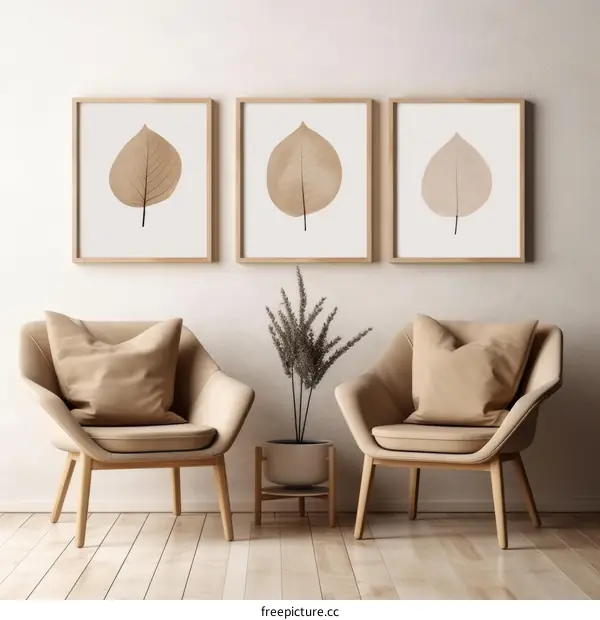 Three framed leaf prints in a living room