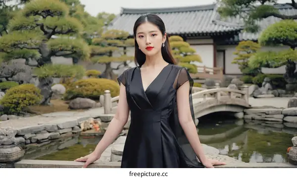 Asian Woman in Black Dress in a Traditional Garden