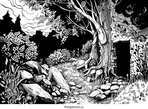 Black and White Illustration of a Fantasy Forest Scene with a Stream and Tree Roots