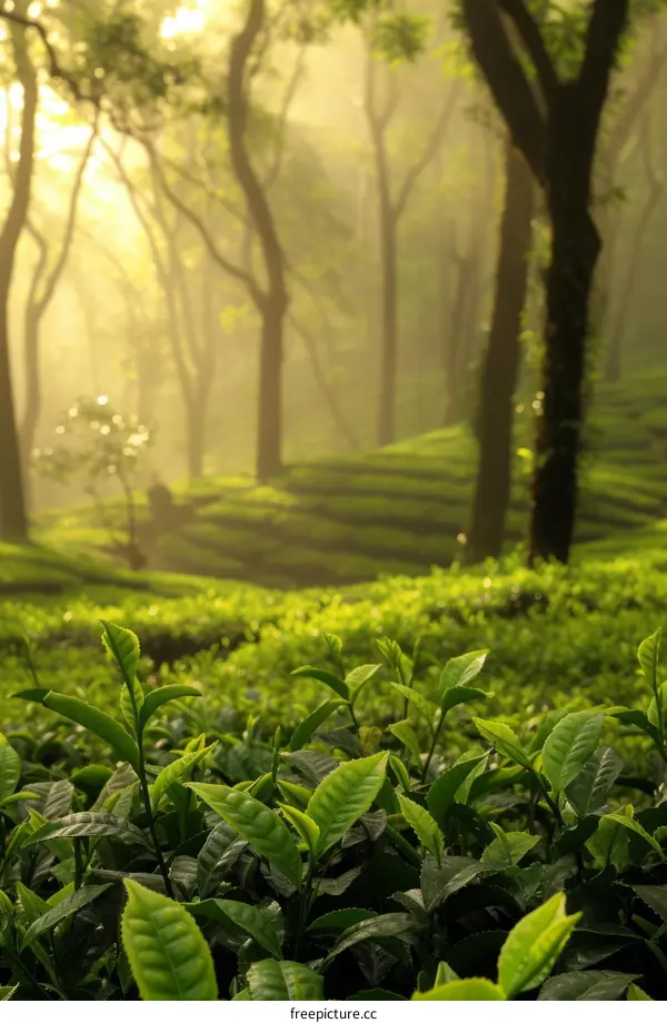 lush green tea plantation in the morning sunlight