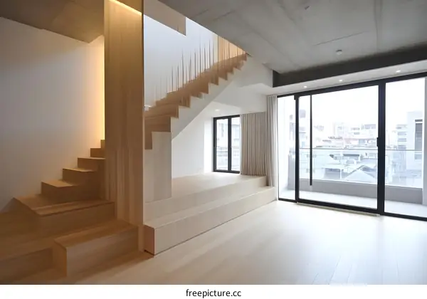 Modern Minimalist Interior Design with Wooden Stairs and City View