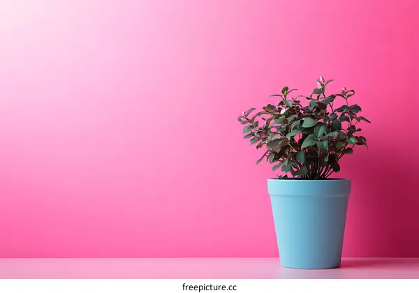 Single Green Plant in a Blue Pot Against a Pink Wall