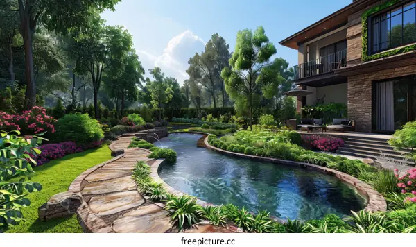 A beautiful garden with a pool and a house