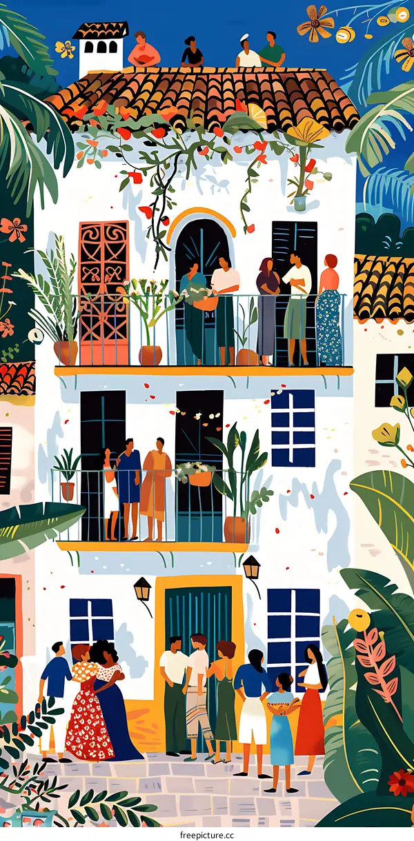 Colorful Illustration of a Mediterranean Style House With People Gathering On the Balconies