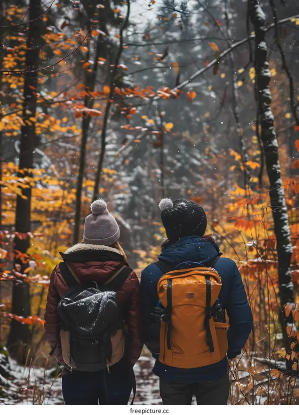 Couple Hiking Through Snowy Forest with Backpacks