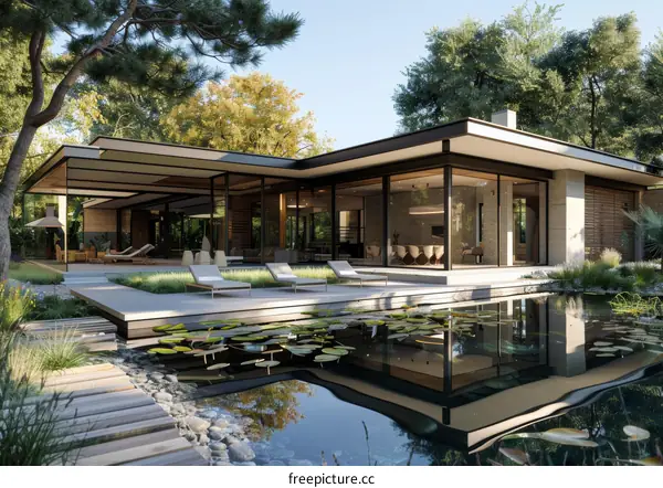 Luxury Modern House with Stunning Glass Windows and Pond View